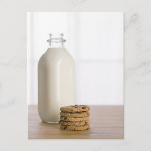 Stack of chocolate chip cookies milk in a glass postcard (Front)