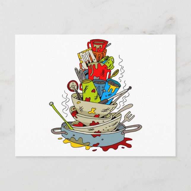 Stack of Dirty Dishes Cartoon Postcard (Front)