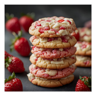 Stack Of Strawberry White Chocolate Chip Cookies Poster