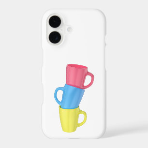 Stack of three colourful ceramic mugs