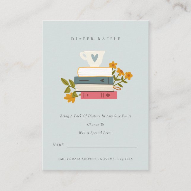 Stacked Books Floral Diaper Raffle Mum Baby Shower Enclosure Card (Front)