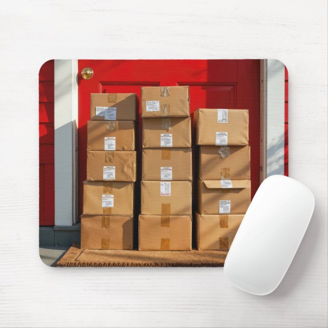Stacked Cardboard Boxes By a Red Door Mouse Pad (With Mouse)