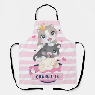 Stacked Cute Cartoon Cats Pink Distressed Stripes Apron