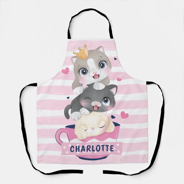 Stacked Cute Cartoon Cats Pink Distressed Stripes Apron (Front)