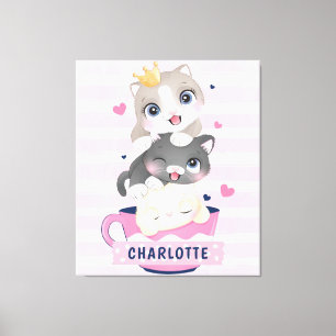 Stacked Cute Cartoon Cats Pink Distressed Stripes Canvas Print
