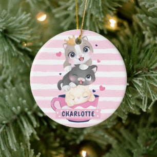 Stacked Cute Cartoon Cats Pink Distressed Stripes Ceramic Tree Decoration