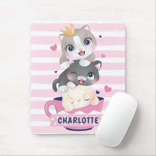 Stacked Cute Cartoon Cats Pink Distressed Stripes Mouse Pad