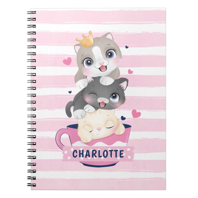 Stacked Cute Cartoon Cats Pink Distressed Stripes Notebook (Front)