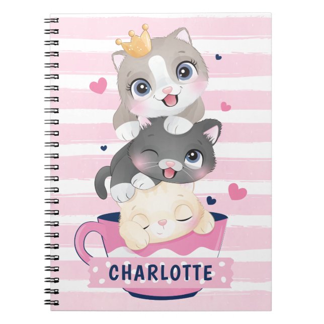 Stacked Cute Cartoon Cats Pink Distressed Stripes Notebook (Front)