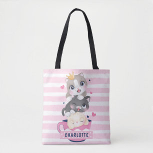 Stacked Cute Cartoon Cats Pink Distressed Stripes Tote Bag