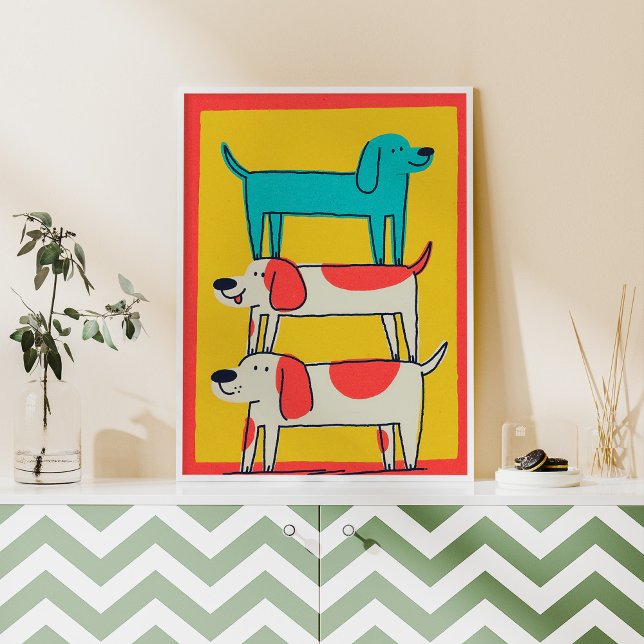 Stacked Dogs Wall Pets Art Poster Print (Illustration of three stacked dogs in bright colors, made with AI and some real textures.)