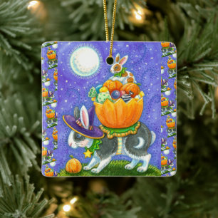 STACKED HALLOWEEN BUNNIES, CANDY CORN, COLORFUL CERAMIC ORNAMENT