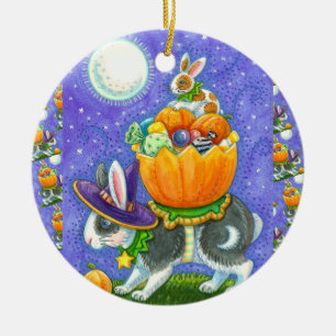 STACKED HALLOWEEN BUNNIES, CANDY CORN, COLORFUL  CERAMIC TREE DECORATION