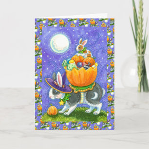 STACKED HALLOWEEN BUNNIES, CANDY CORN, COLORFUL HOLIDAY CARD
