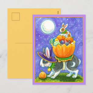 STACKED HALLOWEEN BUNNIES, CANDY CORN, COLORFUL HOLIDAY POSTCARD