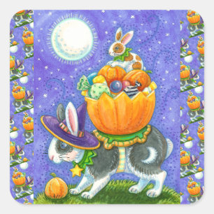 STACKED HALLOWEEN BUNNIES, CANDY CORN, COLORFUL  SQUARE STICKER