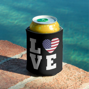 Stacked LO VE Heart Flag July 4th Beer Can Cooler