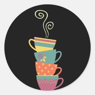 Stacked porcelain cuprs, tea, coffee steam swirl classic round sticker