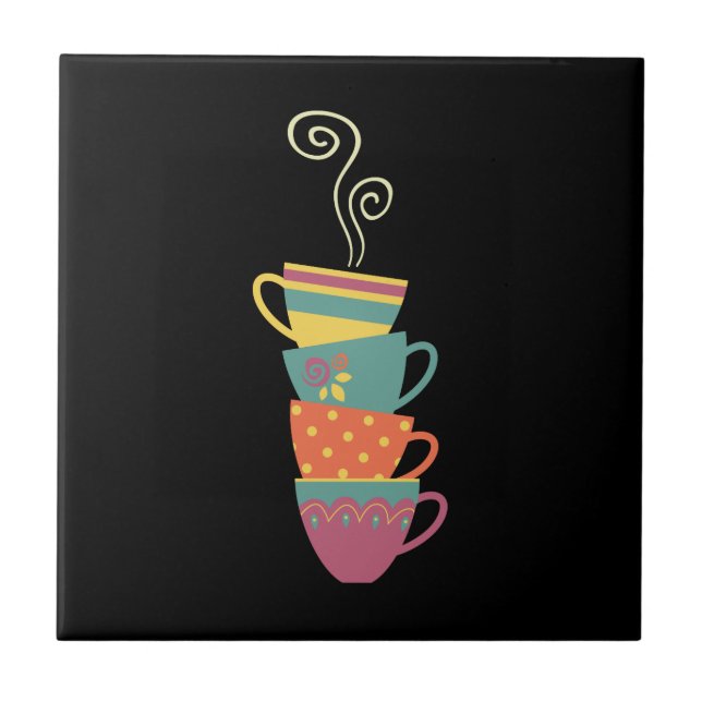 Stacked porcelain cuprs, tea, coffee steaming  tile (Front)