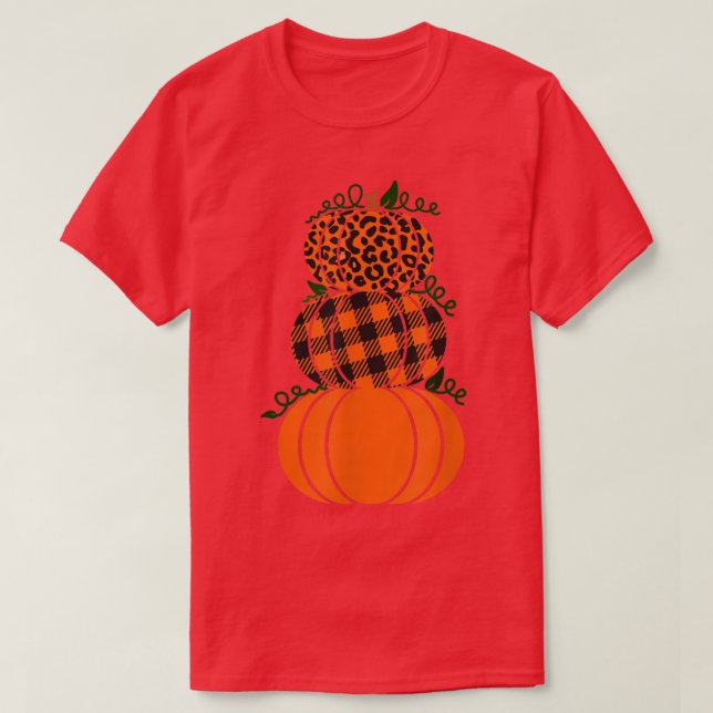 Stacked Pumpkins Leopard Print Plaid Print Fall Au T-Shirt (Design Front)