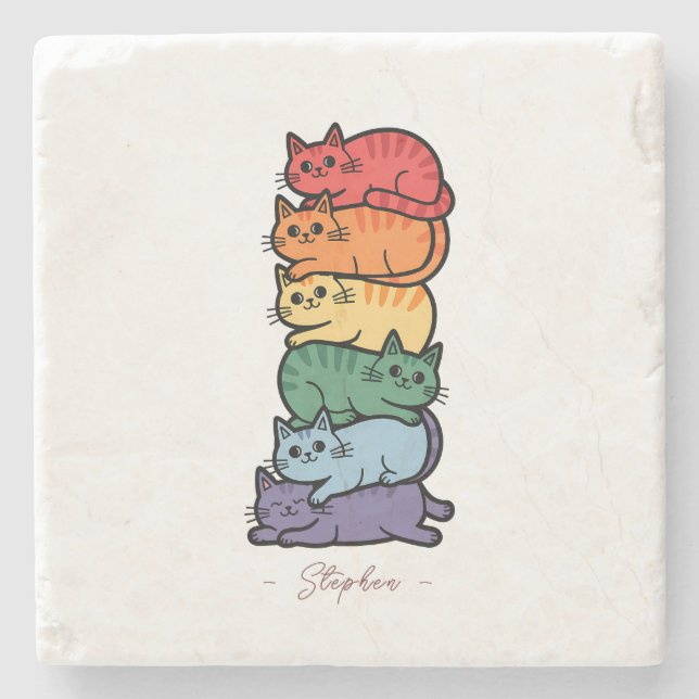 Stacked Rainbow Cats – LGBTQ Pride Celebration Stone Coaster (Front)