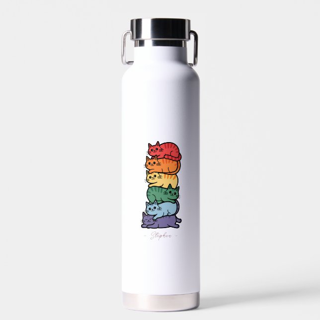 Stacked Rainbow Cats – LGBTQ Pride Celebration Water Bottle (Front)