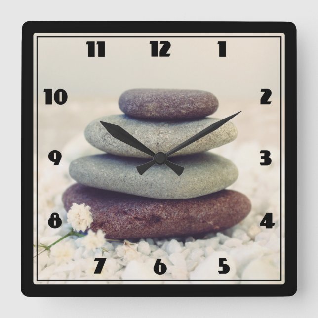 Stacked Stones Meditative Cairn Square Wall Clock (Front)