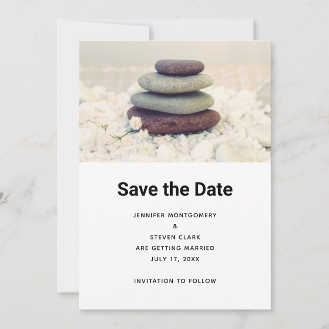 Stacked Stones Meditative Cairn Wedding Save The Date (Front)