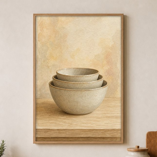 Stacked Stoneware Bowls Watercolour Poster (Shown framed for scale. Poster ships unframed; frames are an optional add-on.)