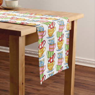 Stacked Teacups Teatime Illustration Short Table Runner