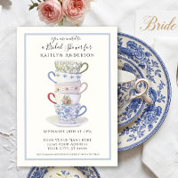 Stacked Teacups Vintage Watercolor Blue Bridal Tea