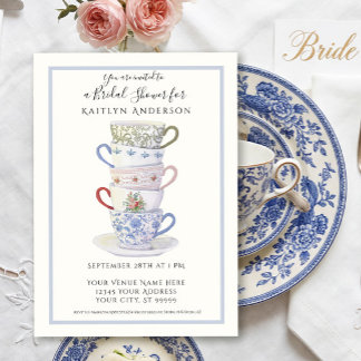 Stacked Teacups Vintage Watercolor Blue Bridal Tea
