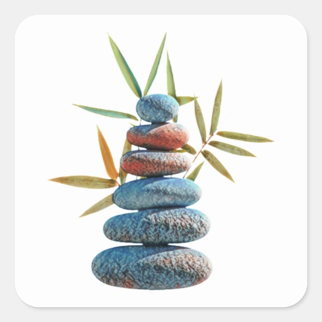 Stacked zen stones in balance with bamboo leaves.  square sticker (Front)