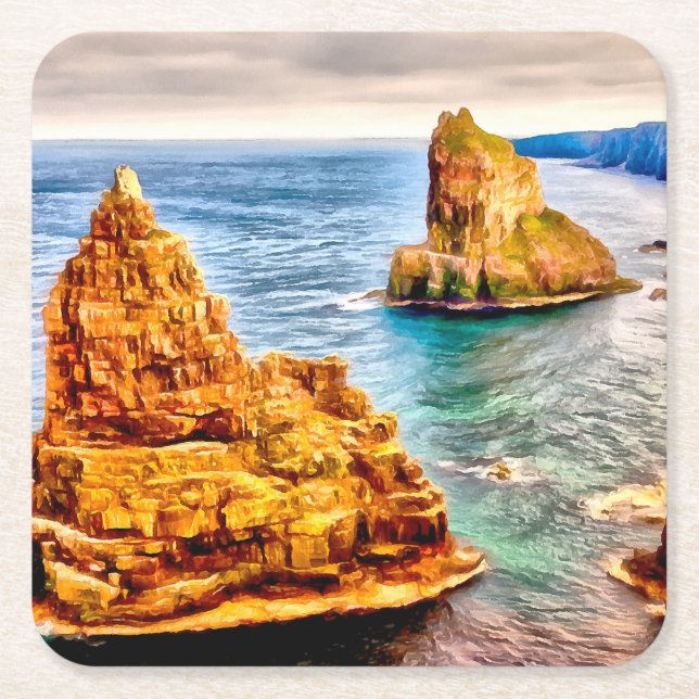 Stacks of duncansby Scotland painting Square Paper Coaster (Front)