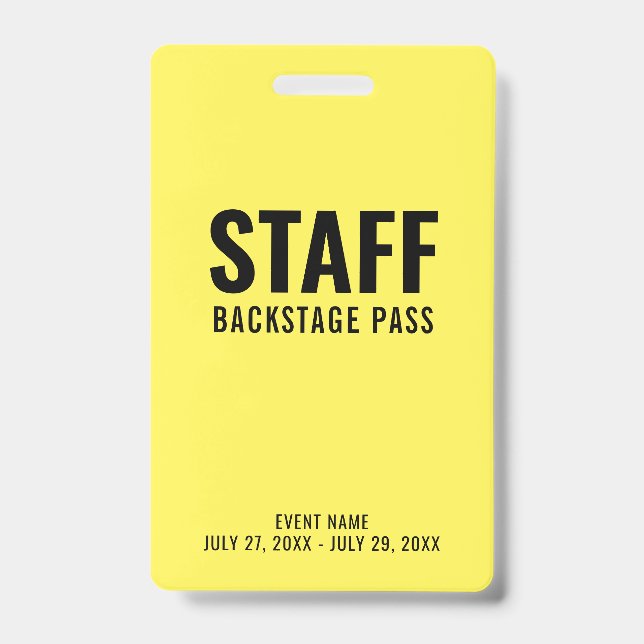 Staff Backstage Pass Yellow ID Badge (Front)
