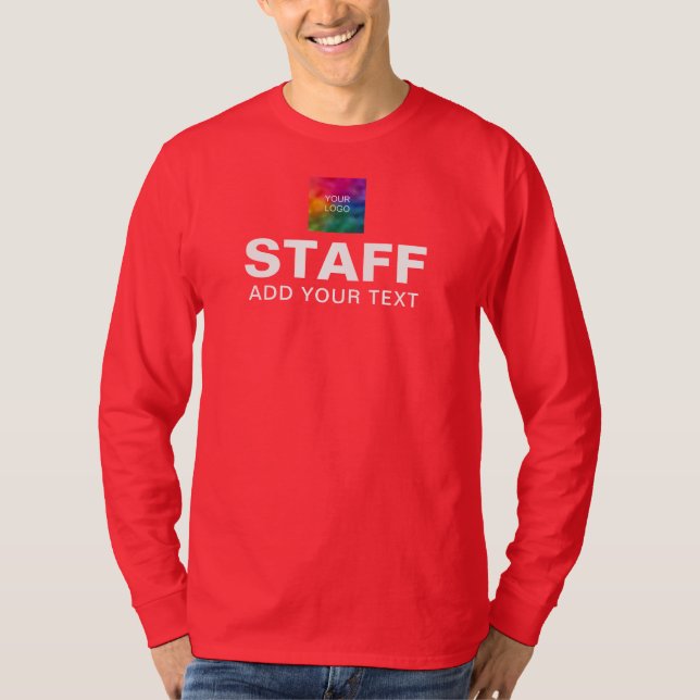 Staff Crew Team Logo Text Long Sleeve Mens Red T-Shirt (Front)