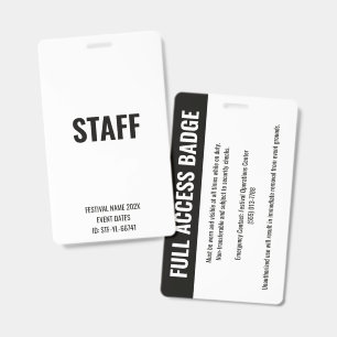 STAFF Pass Full Access Music Festival Black White ID Badge