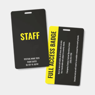 STAFF Pass Full Access Music Festival Yellow ID Badge