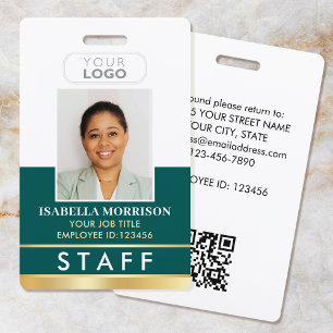 Staff Photo ID Badge Logo Elegant Green Gold