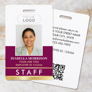 Staff Photo ID Badge Logo Elegant Pink Plum Gold