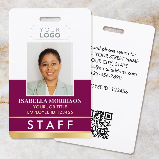 Staff Photo ID Badge Logo Elegant Pink Plum Gold (Creator Uploaded)