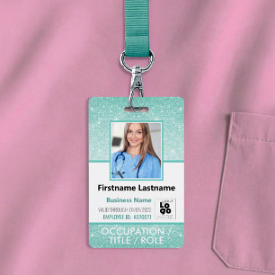 Staff Photo ID Barcode Logo Aqua Blue Glitter Name Badge