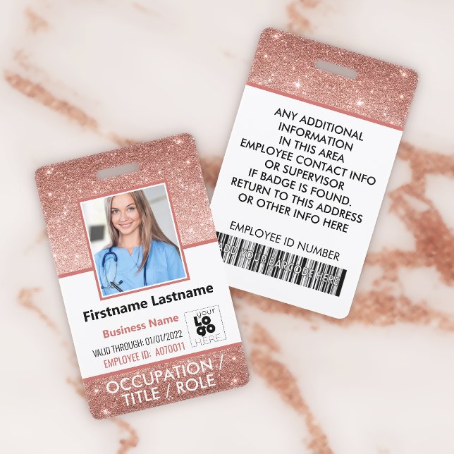 Staff Photo ID Barcode Logo Rose Gold Glitter Name ID Badge (Creator Uploaded)