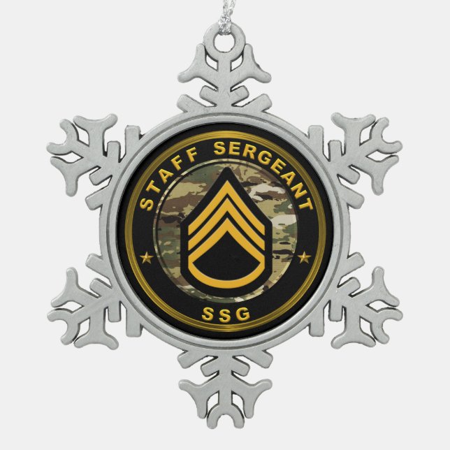 Staff Sergeant SSG Snowflake Pewter Christmas Ornament (Front)