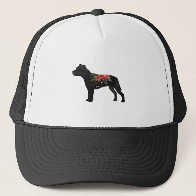 Staffie Dog Breed Boho Floral Silhouette Trucker Hat (Front)