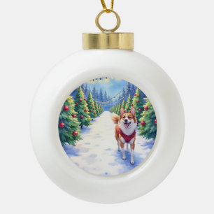 Staffordshire Bull Terrier at Christmas Tree Farm  Ceramic Ball Christmas Ornament