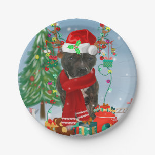 Staffordshire Bull Terrier Dog in Snow Christmas Paper Plate