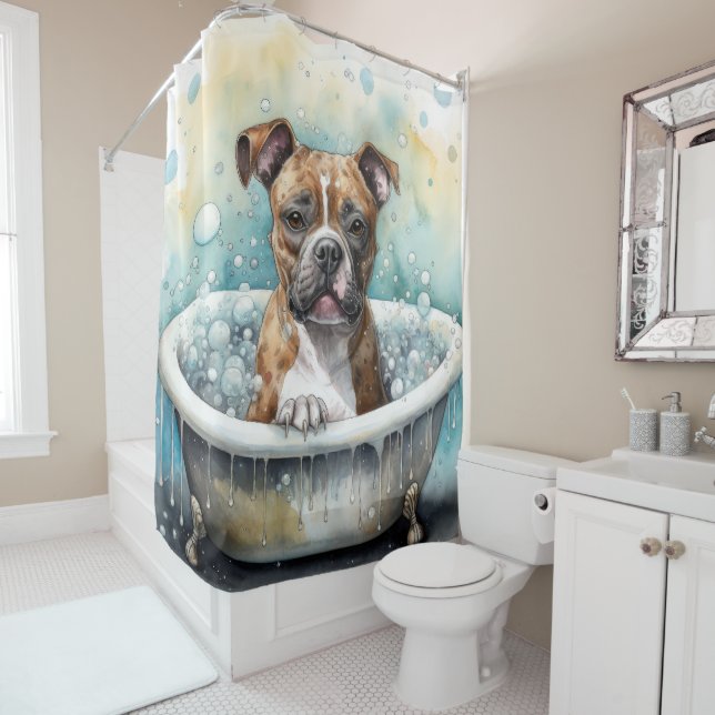 Staffordshire Bull Terrier In Bathtub Watercolor  Shower Curtain (In Situ)