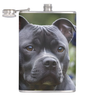 Staffordshire Bull Terrier In Blue Rose Garden, Hip Flask
