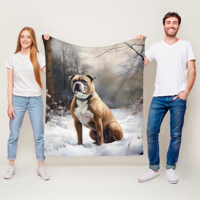 Staffordshire Bull Terrier Let It Snow Christmas Fleece Blanket (In Situ)